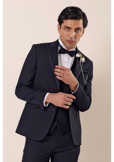İmza Desenli Çıkarılabilir Kırlangıç Yaka Tam Astar Yelekli 6 Drop Slim Fit Dar Kesim Smokin Damatlık 1001225203-Koyu Lacivert İmza Desenli Çıkarılabilir Kırlangıç Yaka Tam Astar Yelekli 6 Drop Slim Fit Dar Kesim Smokin Damatlık 1001225203-Koyu Lacivert