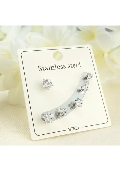 Tektaş Küpe Yıldız Model Tektaş Üçlü Set Küpe Kararmaz Çelik Silver