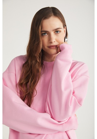 Ethıquet Karıus Kadın Regular Fit %100 Organik Pamuklu İçi Polarsız Yuvarlak Yaka Pembe Sweatshirt Mavi