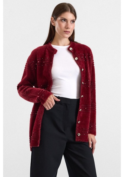 Olcay İnci Detaylı Soft Kumaş Triko Hırka Bordo 8296