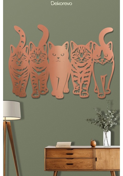 Kedi Çetesi Beşli Kedi Silüeti Metal Duvar Dekoru - Metal Duvar Sanatı - Bronz - 30 X 20 Cm