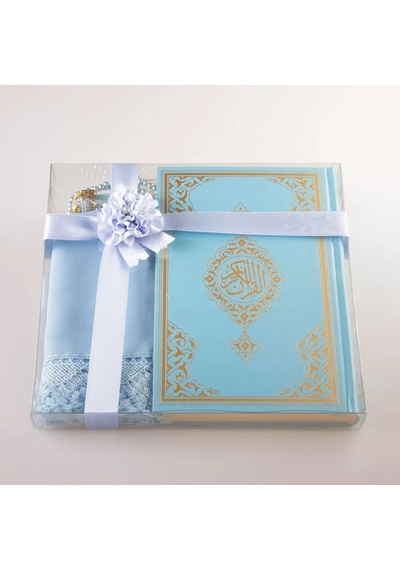 Şal + Tesbih + Kuran Hediye Seti Hafız Boy, Standart Cilt, Açık Mavi