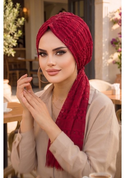 Aişe Tesettür Bordo Dantel Tokalı Bone