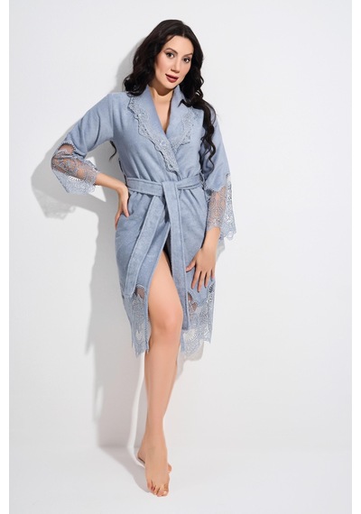 Dantelli Kısa Şalyaka Bukle Bambu Cotton Bayan Bornoz Gri