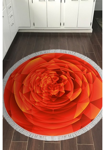 Kaymaz Dijital Mutfak & Salon Halı Trend Saçaklı Yuvarlak Geometrik E5011 Turuncu