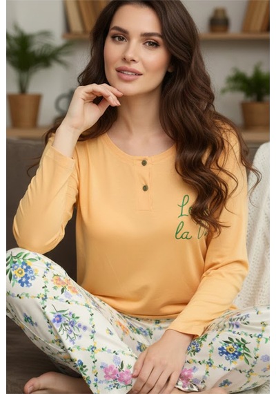 Siyah İnci Düğmeli Örme Pamuklu Pijama Takım25240206 sari