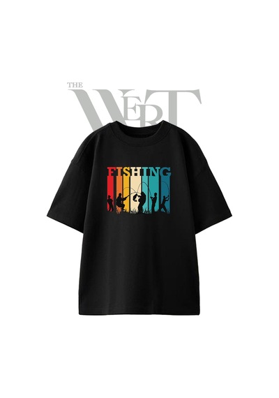 Thewert Fishing Siluet Tasarım Baskılı Ünisex Siyah Oversize T-shirt