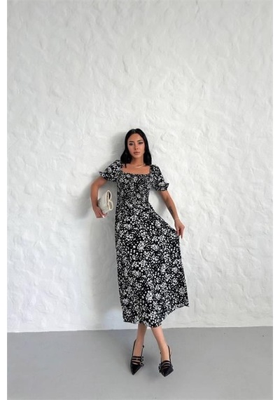 Dipmoda Kadın Yazlık Madonna Yaka Desenli Viskon Elbise Dpg022 Siyah