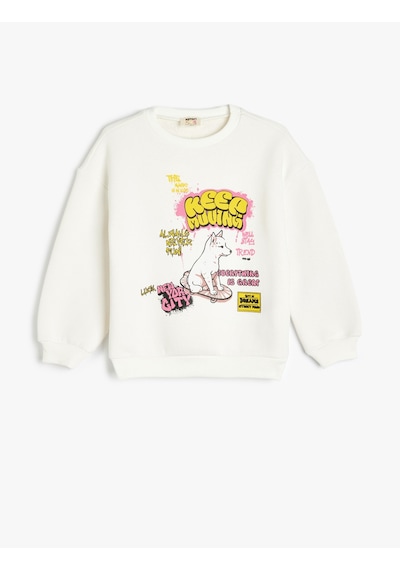 Koton Köpek Baskılı Bisiklet Yaka Uzun Kollu Sweatshirt Ekru 5wkg10643ak Ekru