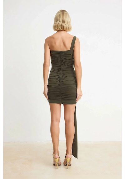 Benerly Kadın Asimetrik Yaka Kolsuz Mini Bodycon Örme Elbise Tül Detaylı Haki