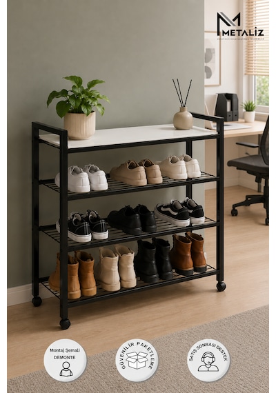 Loft 4 Katlı Siyah Tekerlekli Metal Ayakkabılık, Ahşap Mdf Tablalı, Çok Amaçlı Ayakkabı Düzenleyici, 77x30x70 Cm Loft 4 Katlı Siyah Tekerlekli Metal Ayakkabılık, Ahşap Mdf Tablalı, Çok Amaçlı Ayakkabı Düzenleyici, 77x30x70 Cm