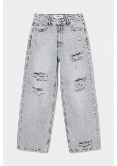 it's basic Kadın Gri 12s6-12 Süper Baggy Fit Yırtık Ve Nakış Detaylı Özel Tasarım Denim Jean
