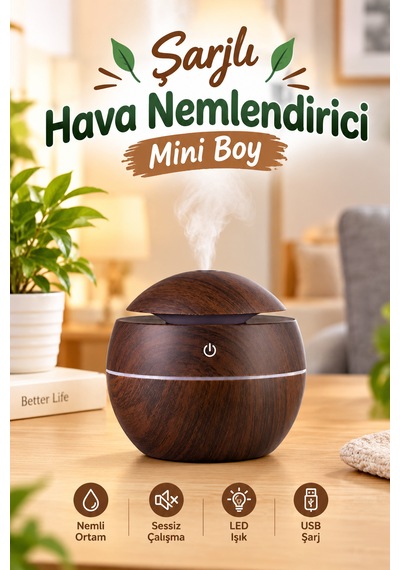 Şarjlı Led Işıklı Ultrasonik Hava Nemlendirici Buhurdanlık Ev Ve Araç İçin Usb Port Ceviz Renk Mini Boy Aromaterapi Difüzör
