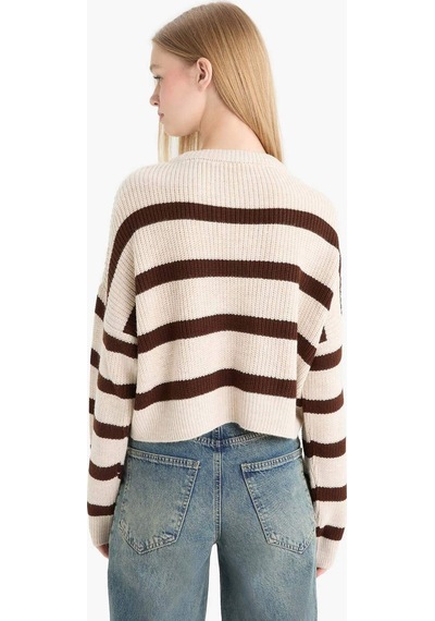 Defacto Coool Oversize Geniş Kalıp Bisiklet Yaka Çizgili Triko Kazak X4931az25wnbg644 Bej