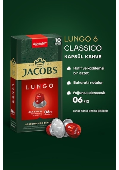 Jacobs Lungo 6 Classico Kapsül Kahve 10 X 10 Paket 100 Adet Nespresso Uyumlu
