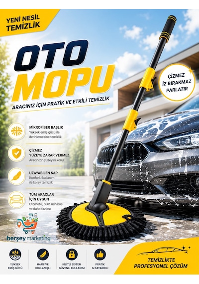 Ultra Yumuşak Premium Mikrofiber Ufak Makarna Başlıklı Teleskopik Araç Yıkama Mopu 1 Adet 50 - 110 Cm Mikrofiber Makarna Mop Havlu
