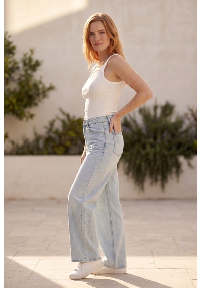 Soulshae Yüksek Bel Geniş Paça Denim Pantolon Mavi