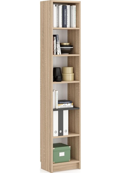 Bili Kitaplık 5 Raflı Dar Çok Amaçlı Ofis Salon Kitap Dosya Rafı Meşe Meşe