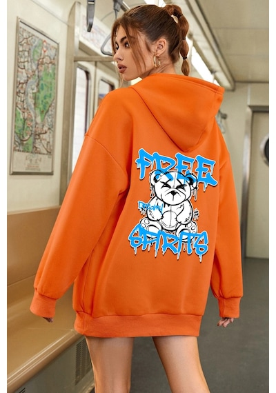 Free Grafiti Sırt Baskılı Sweatshirt Turuncu