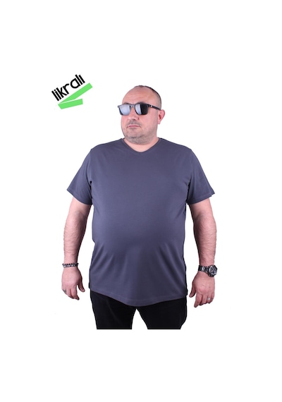 Moc Grande Mocgrande Erkek Büyük Beden Likralı Basic V Yaka Tişört 11170 Fume Füme
