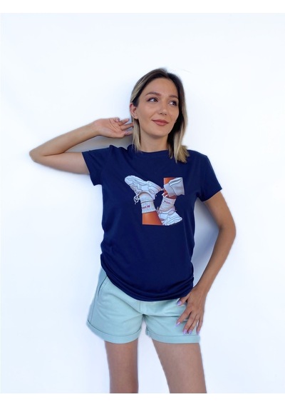 Kadın Baskılı Basic Lacivert Tshirt