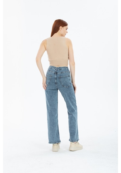 Gri Likralı Süper Yüksek Bel Wide Leg Salaş Jeans Palazzo Pantolon