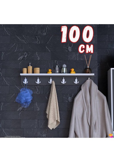 Modilayn Kedi Serisi 6 Lı Banyo Askısı Seti 96,4x18 Cm 18 Kancalı Raflı Düzenleyici Yer Tasarrufu. Antrasit - Beyaz