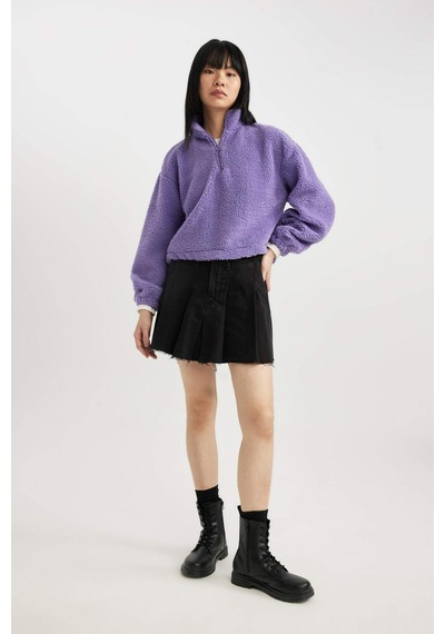 Defacto Coool Oversize Fermuarlı Dik Yaka Basic Düz Pelüş Sweatshirt B9836AX23WNPR262 Mor