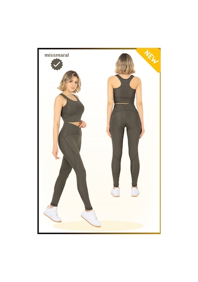 Missmaral Slim Fit Yüksek Bel Toparlayıcı Haki / Khaki Spor Tayt Flatlock Dikiş Detaylı Fit Tasarım Oslo 1090 Haki