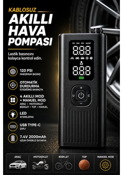 Kablosuz Akıllı Hava Pompası 120 Psı Dijital Göstergeli Type-c Şarjlı Lastik Şişirme Kompresörü Otomatik Basınç Ayarlı Led Işıklı