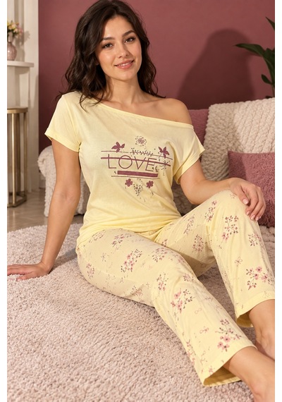 Üç Gül Ticaret Kadın Sarı Çiçek Desenli Omuz Detaylı Love Pijama Takımı Sarı Sarı
