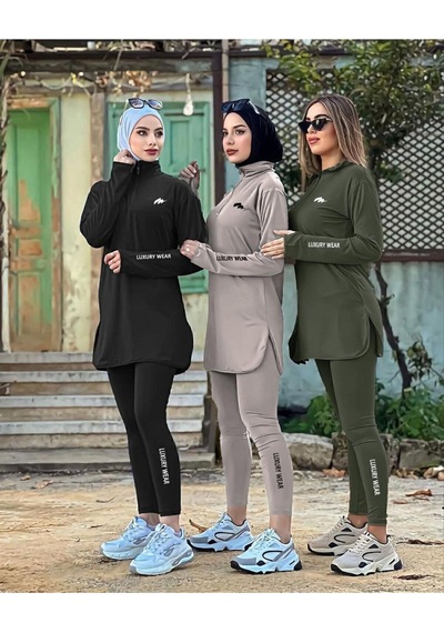 Mimi Luxury Wear Haki Kadın Fermuarlı Dalgıç Kumaş Standart Kalıp Jogger Eşofman Takımı 358