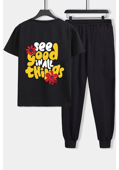 Uyguntarz Unisex Good Things Baskılı 2'li Eşofman Takımı Siyah