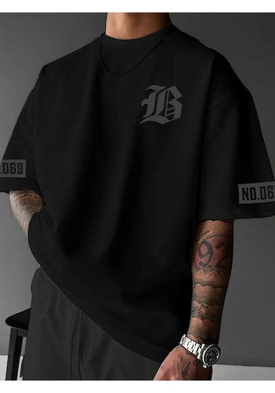 Suma Oversize Bisiklet Yaka Baskılı Siyah T-shirt - L Beden