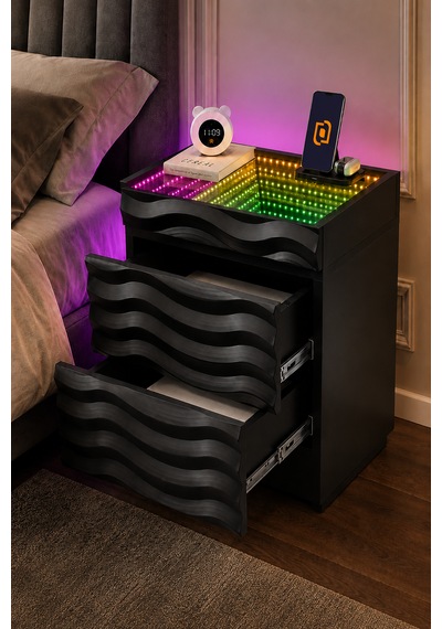 Komodin 3d Led Işıklı Kumandalı Rgb Ledli Modern - Siyah Renk