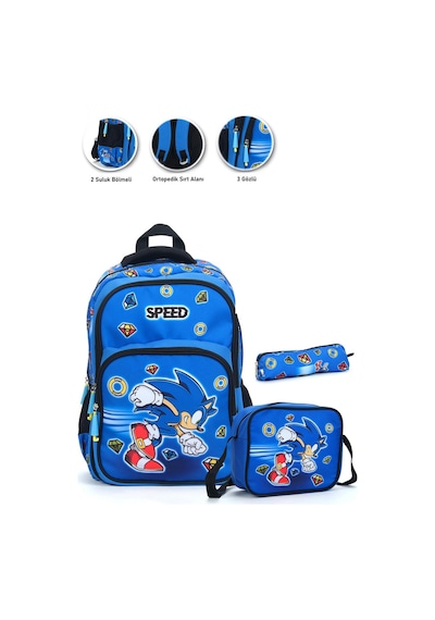 Speed Sonic Okul Çantası + Beslenme + Kalemlik Super Sonic Çanta İlkokul Çantası Sırt Çanta