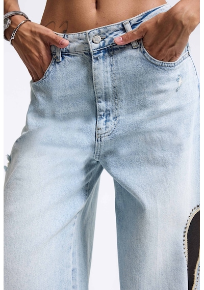 it's basic Kadın Ice T-12s6-3 Süper Baggy Fit Kalp Detaylı Tasarım Denim Jean Buz Mavi