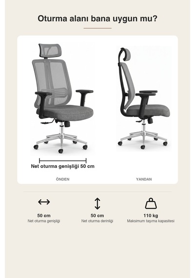 Upstyle Poyraz Başlıklı Fileli Ergonomik Çalışma Koltuğu Gri Krom Koltuk 66 125 65 Cm