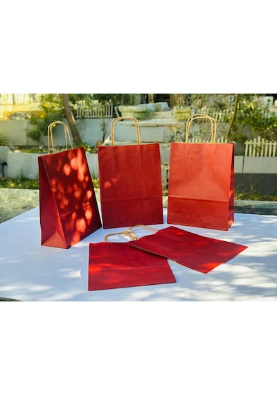 1.kalite 18x8x24 Cm 5 Li Bordo Renkli Kraft Kağıt Çanta, Hediye Poşeti, Hediye Paketi, Kraft Çanta