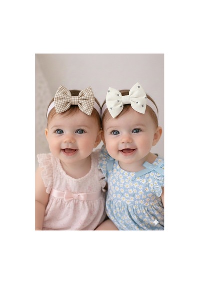 Pamuk Kız Bebek Fiyonk Bandana 2'li Set Ekru Yıldız - Camel Kareli Ekru Yıldız - Camel Kareli