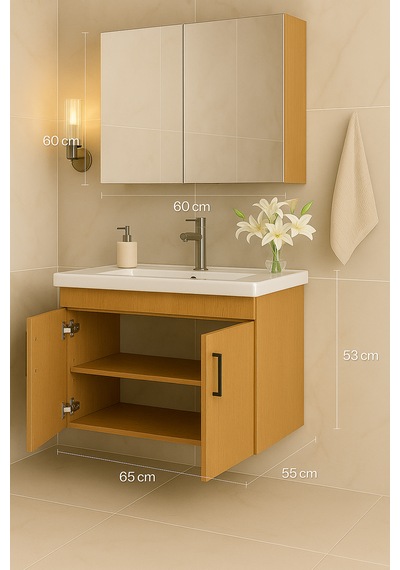 Luna 65 Cm Ahşap Camlı Üst Modül Ve Seramik Lavabolu, Mdf Banyo Dolabı Takımı Ahşap