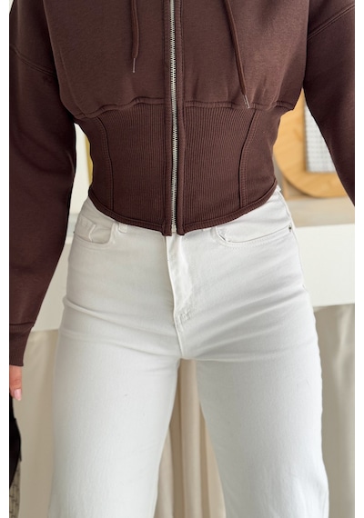 Kadın Siyah Fermuarlı Hoodie Minimal Sokak Ruhuyla Kahverengi