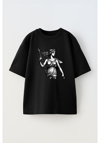 Thewert Unisex Artemis Ancient God Greek Tasarım Baskılı Pamuk Sıyah Oversize T-shirt Siyah