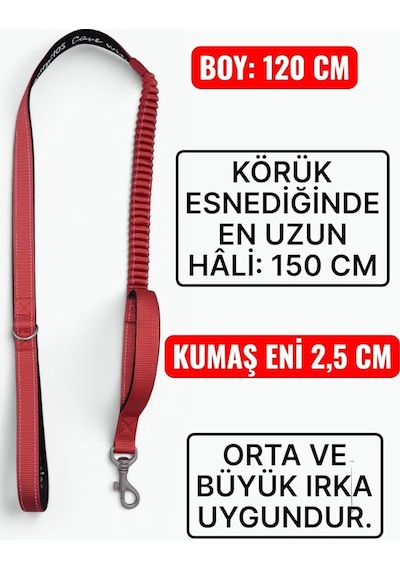 Köpek Gezdirme Tasması, Kırmızı, Körüklü Esnek Anti Şok, Reflektörlü, 120 Cm, Orta Ve Büyük Irka Uygun