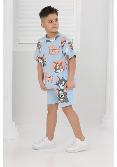Veramoni Unisex Tom&jery Baskılı Kısa Kollu Şortlu İkili Takım Mavi