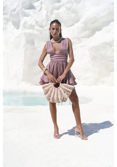 Mai Collection Mai Studios Co. Zaneta Korsaj Detaylı Açık Bordo Keten Mini Elbise Açık Bordo