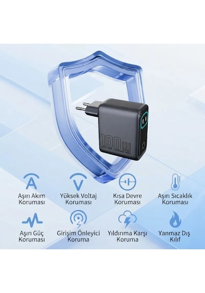 Gan Power Gn-03 100w 3 Portlu Gan Hızlı Şarj Cihazı + 60w Hızlı Şarj Kablosu Hediyeli - Tft Akıllı Renkli Ekran, Bot İfadesi Animasyonlu Adaptör .