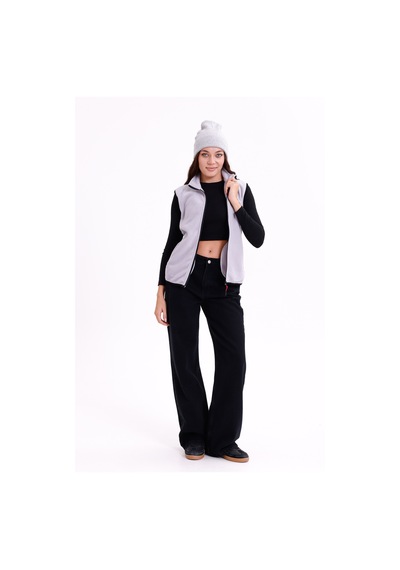 Monox Kadın Slim Fit Tam Fermuarlı Polar Yelek Gri