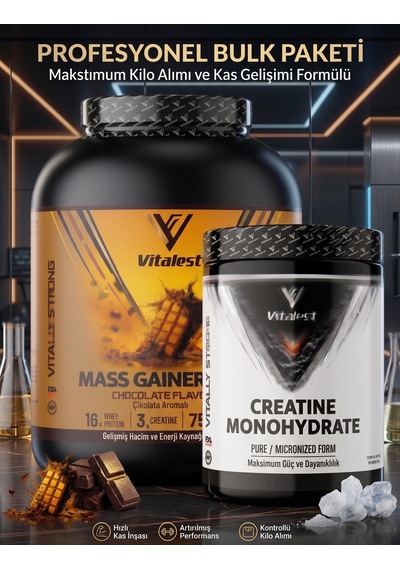 Vitalest Profesyonel Bulk Paketi: Çikolata Aromalı Mass Gainer & Saf Mikronize Creatine Monohydrate Maksimum Hacim Seti