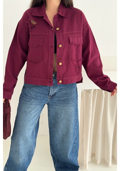 Kadın Yırtık Detaylı Crop Ceket Dinamik & Sokak Stili Bordo